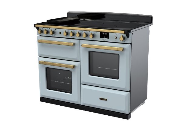 Rangemaster 18127 Estel Deluxe 110 Induction Range Cooker with Proving Drawer in Misty Blue with Antique Brass Trim - ESDLO110EIPMSB/AB1_angled