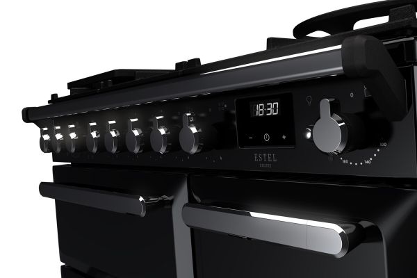Rangemaster 14976 Estel Deluxe 90 Dual Fuel Range Cooker in Gloss Black with Chrome Trim - ESDL90DFPGBL/CM1_controls