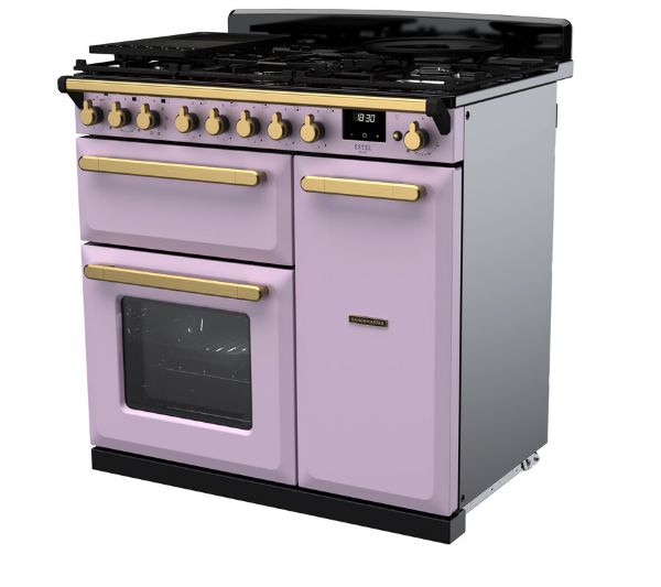 Rangemaster 18227 Estel Deluxe 90 Dual Fuel Range Cooker in Heather with Antique Brass Trim - ESDL90DFPHTH/AB1_angled