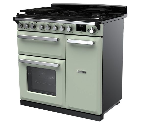 Rangemaster 14983 Estel Deluxe 90 Dual Fuel Range Cooker in Mint with Chrome Trim - ESDL90DFPMNT/CM1_angled