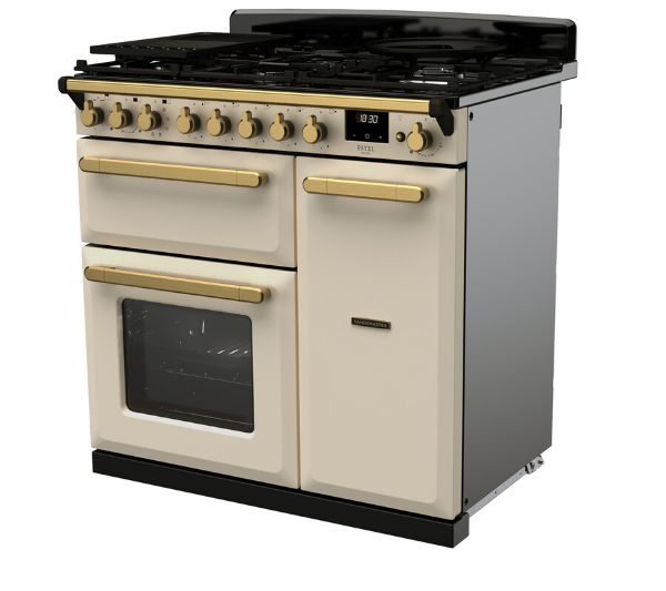 Rangemaster 18034 Estel Deluxe 90 Dual Fuel Range Cooker in Pale Cream with Antique Brass Trim - ESDL90DFPPCR/AB1_angled