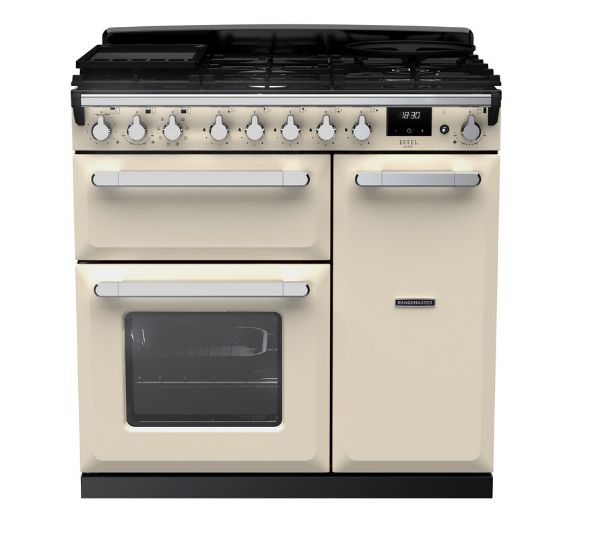 Rangemaster 14978 Estel Deluxe 90 Dual Fuel Range Cooker in Pale Cream with Chrome Trim - ESDL90DFPPCR/CM1_main