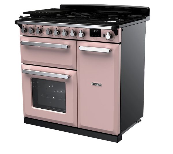 Rangemaster 14982 Estel Deluxe 90 Dual Fuel Range Cooker in Pale Pink with Chrome Trim - ESDL90DFPPPK/CM1_angled