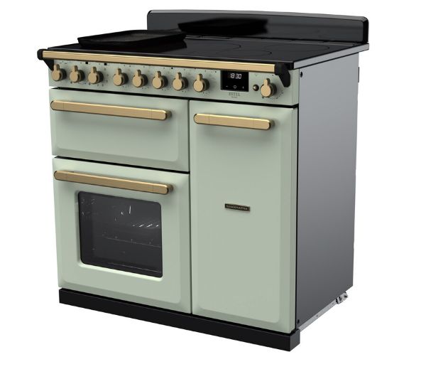 Rangemaster 18059 Estel Deluxe 90 Induction Range Cooker in Mint with Antique Brass Trim - ESDL90EIPMNT/AB1_angled