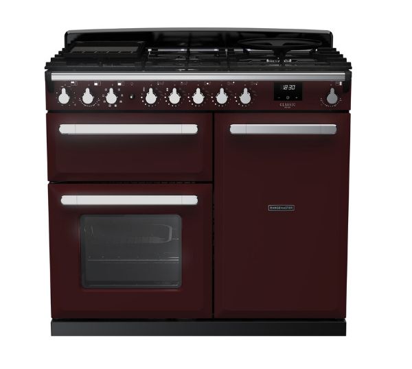 Rangemaster Estel Deluxe 100 Dual Fuel Range Cooker in Bordeaux with Chrome Trim - ESDL100DFPBOR/CM1_main