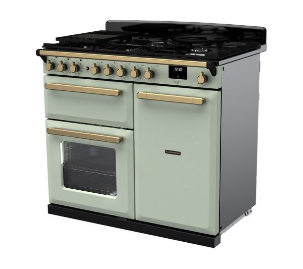 Rangemaster 18080 Estel Deluxe 100 Dual Fuel Range Cooker in Mint with Antique Brass Trim - ESDL100DFPMNT/AB1_angled