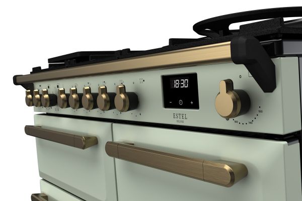 Rangemaster 18080 Estel Deluxe 100 Dual Fuel Range Cooker in Mint with Antique Brass Trim - ESDL100DFPMNT/AB1_controls