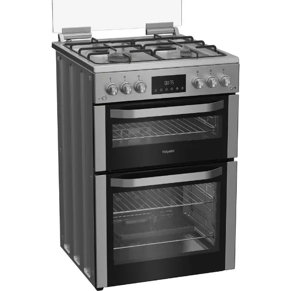 Hotpoint HDG6GDCX 60cm Gas Double Cooker with Glass Lid - Stainless Steel_angled