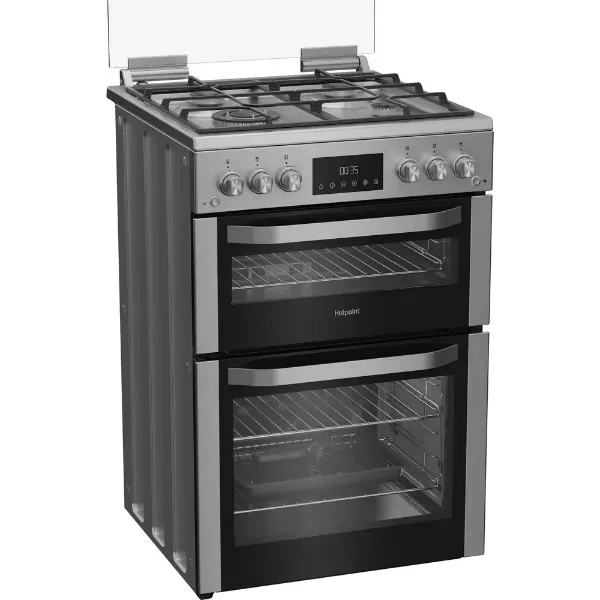 Hotpoint HDG6GDCWX 60cm Gas Double Cooker with Glass Lid - Stainless Steel_angled