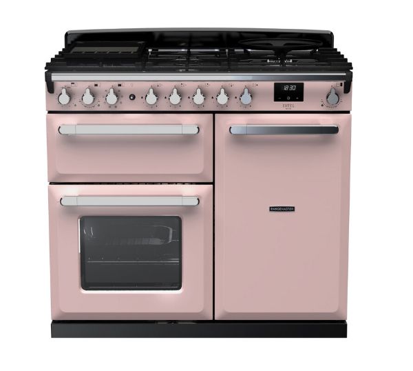 Rangemaster 15084 Estel Deluxe 100 Dual Fuel Range Cooker in Pale Pink with Chrome Trim - ESDL100DFPPPK/CM1_main
