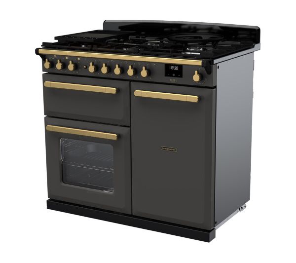 Rangemaster 18075 Estel Deluxe 100 Dual Fuel Range Cooker in Slate with Antique Brass Trim - ESDL100DFPSLT/AB1_angled