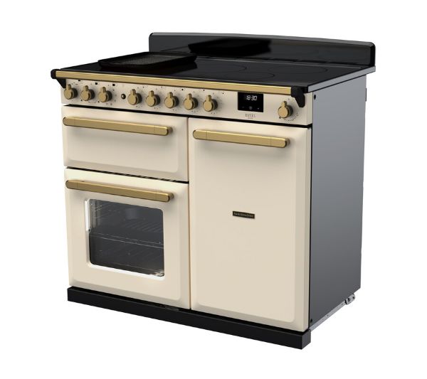 Rangemaster 18090 Estel Deluxe 100 Induction Range Cooker in Pale Cream with Antique Brass Trim - ESDL100EIPPCR/AB1_angled view