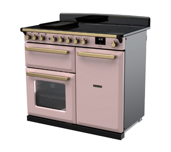 Rangemaster 18093 Estel Deluxe 100 Induction Range Cooker in Pale Pink with Antique Brass Trim - ESDL100EIPPPK/AB1_angled view