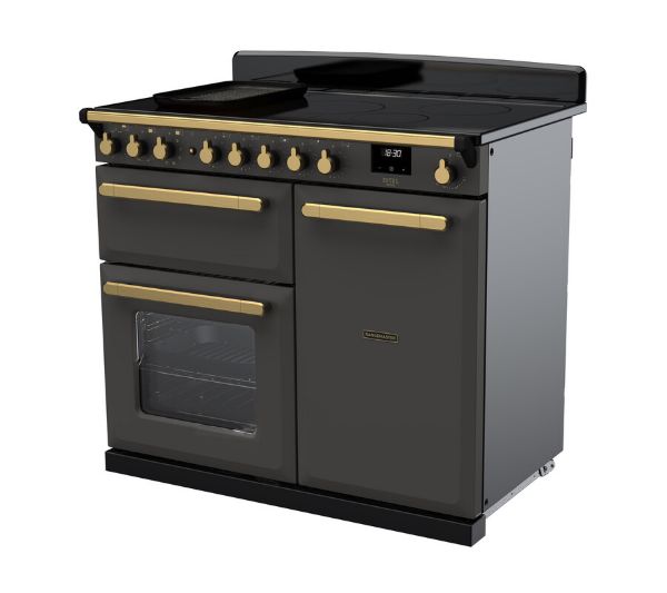 Rangemaster 18089 Estel Deluxe 100 Induction Range Cooker in Slate with Antique Brass Trim - ESDL100EIPSLT/AB1_angled view