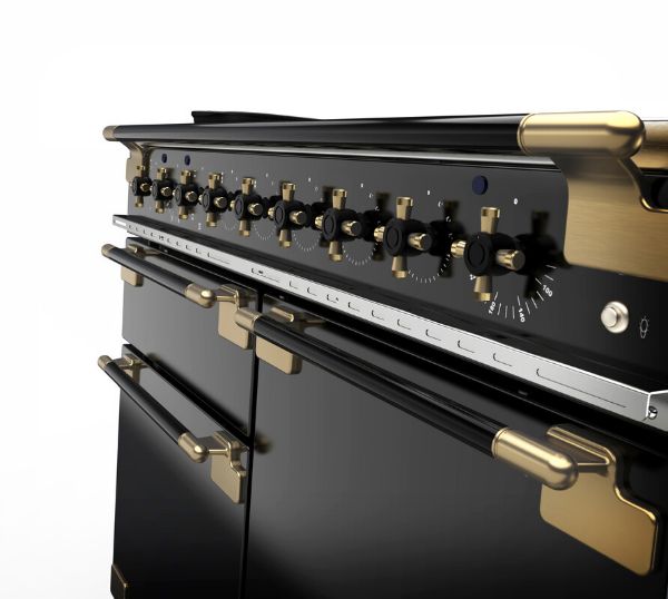 Rangemaster Elise Luxe 110 Induction Range Cooker in Black with Black / Antique Brass Trim_knobs