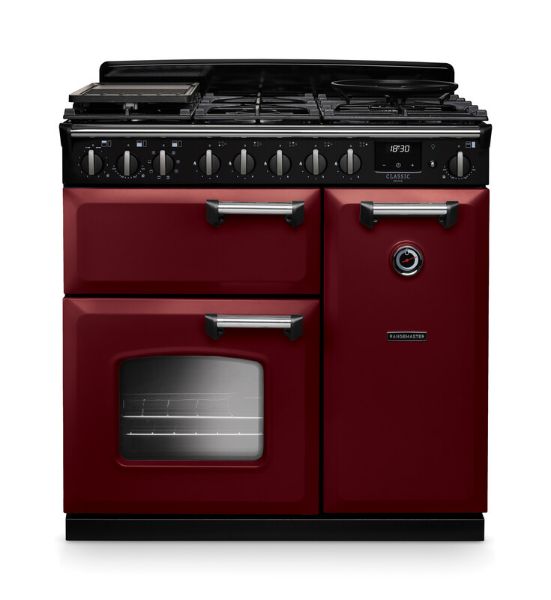 Rangemaster 14543 Classic Deluxe  90 Dual Fuel Range Cooker in Bordeaux with Chrome Trim - CLDL90DFPBOR/CM1