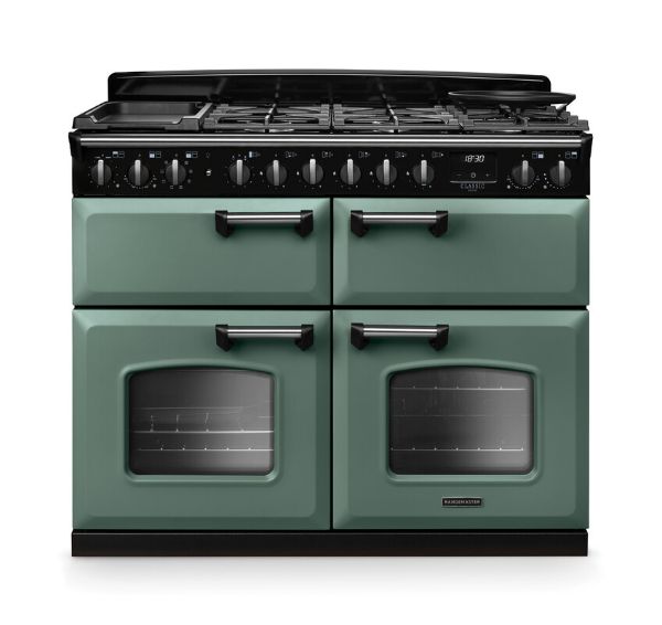 Rangemaster 14877 Classic Deluxe BC 110 Dual Fuel Range Cooker in Mineral Green with Chrome Trim - CLDLB110DFPMGR/CM1