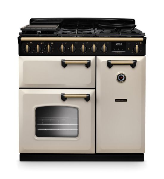 Rangemaster 18260 Classic Deluxe 90 Dual Fuel Range Cooker in Pale Cream with Antique Brass Trim - CLDL90DFPPCR/AB1