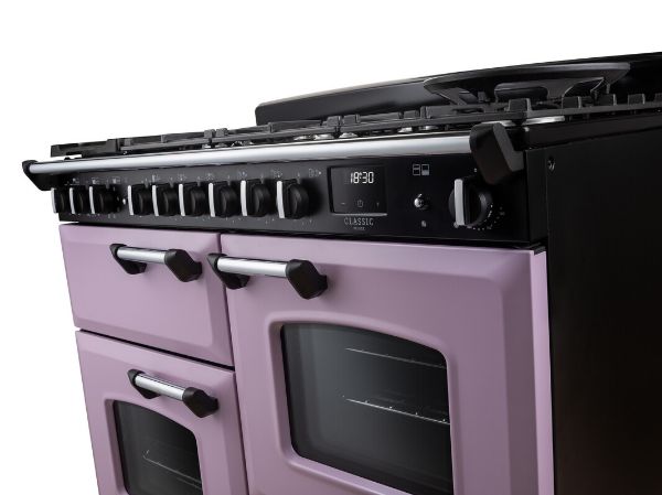 Rangemaster 17819 Classic Deluxe OC 110 Dual Fuel Range Cooker in Heather with Chrome Trim - CLDLO110DFPHTH/CM1_front