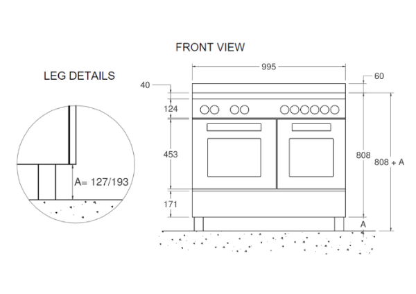 Bertazzoni Master 100cm Dual Fuel Twin Oven Range Cooker in Matt Bianco_Dimensions