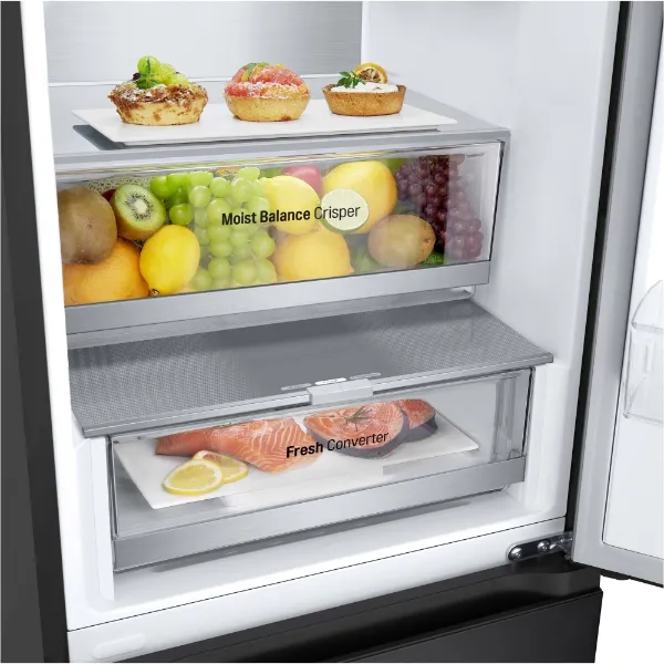 LG GBV5240CEP 387L NatureFRESH™ Tall Fridge Freezer in Essence Matte Black_drawers full