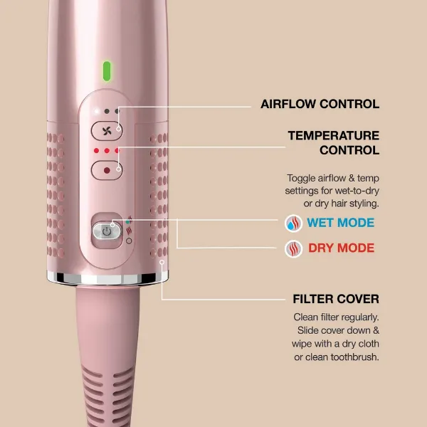 Shark HT302UKPK Glossi 2-in-1 Hot Tool and Air Glosser Brush - Pink_controls