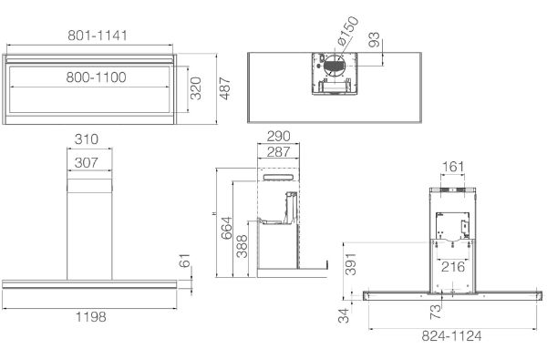 Elica ELEMENT-SS-120 Element 120cm Wall Mounted Cooker Hood in Black and Stainless Steel