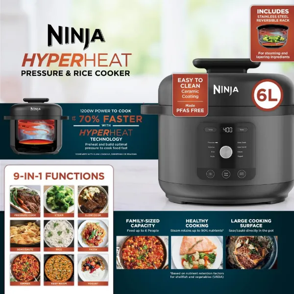 Ninja PC201UK HyperHeat 9-in-1 Pressure & Rice Cooker - Grey/Black