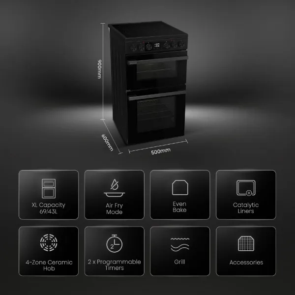 Hisense HDCEC5C10B 50cm Double Oven Electric Cooker with Ceramic Hob - Black