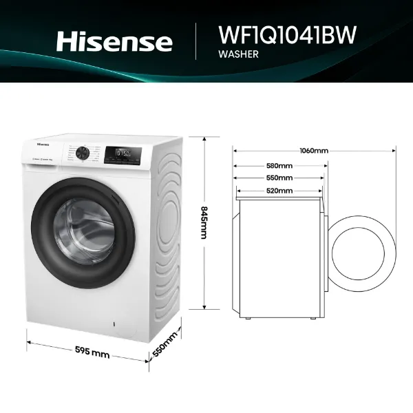 Hisense WF1Q1041BW 10kg 1400 Spin, Steam Washing Machine - White