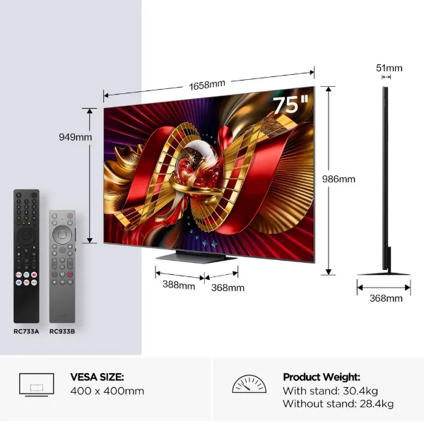 TCL 75C8L-UK 75" 4K Ultra HD QD-Mini LED Google TV_dimensions