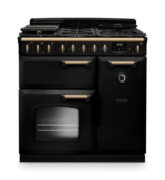 Rangemaster 18256 Classic Deluxe 90 Dual Fuel Range Cooker in Charcoal Black with Antique Brass Trim - CLDL90DFPCBL/AB1