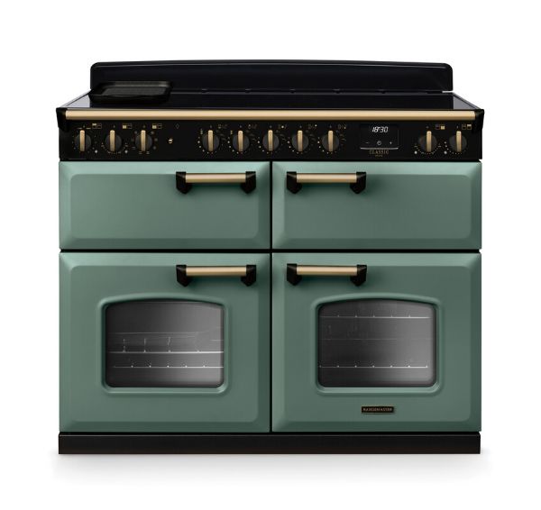 Rangemaster 18386 Classic Deluxe BC 110 Induction Range Cooker with Slow Cook Oven in Mineral Green with Antique Brass Trim - CLDLB110EIPMGR/AB1
