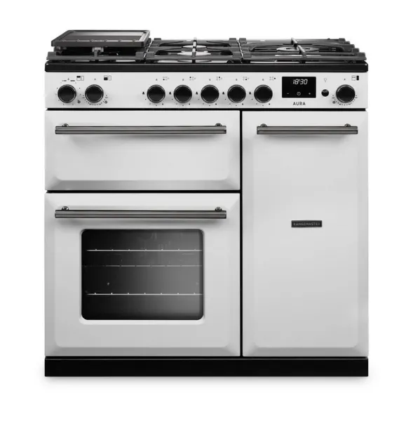 Rangemaster Aura AURA90DFP/19275 (AURA90DFPWHT/YX1) 90cm Dual Fuel Range Cooker - White with Onyx Trim