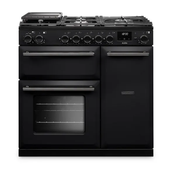Rangemaster Aura AURA90DFP/19276 (AURA90DFPCBL/YX1) 90cm Dual Fuel Range Cooker - Black with Onyx Trim