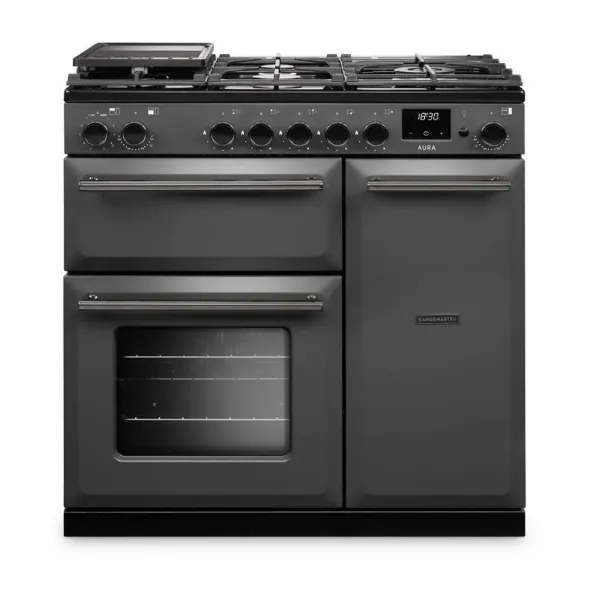 Rangemaster Aura AURA90DFP/19277 (AURA90DFPSLT/YX1) 90cm Dual Fuel Range Cooker - Slate with Onyx Trim
