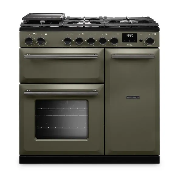 Rangemaster Aura AURA90DFP/19281 (AURA90DFPRBD/YX1) 90cm Dual Fuel Range Cooker - Riverbed with Onyx Trim