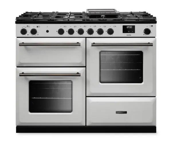 Rangemaster Aura AURO110DF/19307 (AURAO110DFPWHT/YX1) 110cm Dual Fuel Range Cooker - White with Onyx Trim