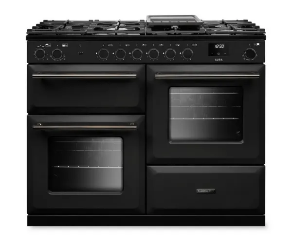 Rangemaster Aura AURO110DF/19308 (AURAO110DFPCBL/YX1) 110cm Dual Fuel Range Cooker - Black with Onyx Trim