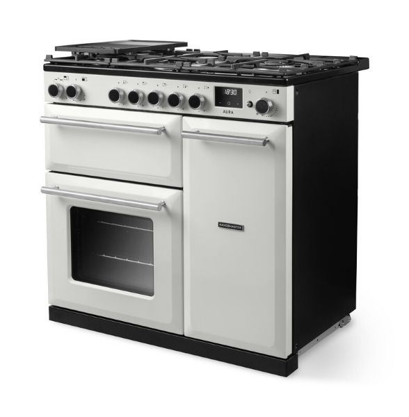 Rangemaster Aura AURA90DFP/19323 (AURA90DFPWHT/BN1) 90cm Dual Fuel Range Cooker - White with Brushed Nickel Trim