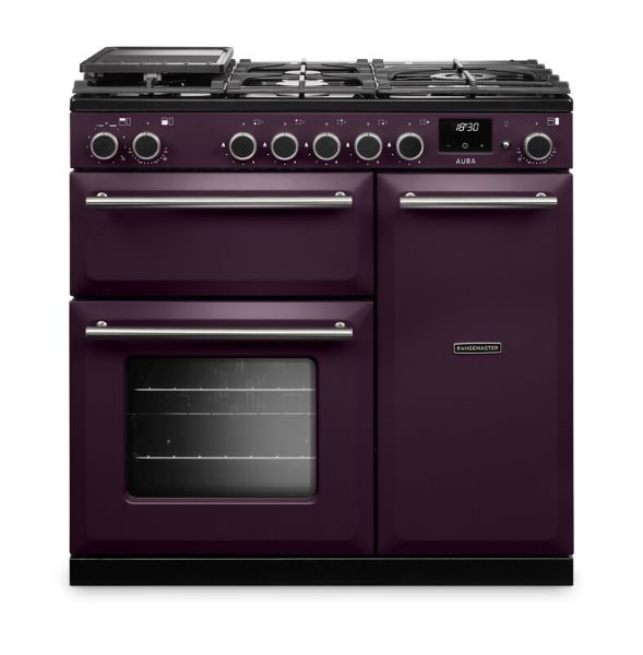 Rangemaster Aura AURA90DFP/19330 (AURA90DFPPLM/BN1) 90cm Dual Fuel Range Cooker - Plum with Brushed Nickel Trim