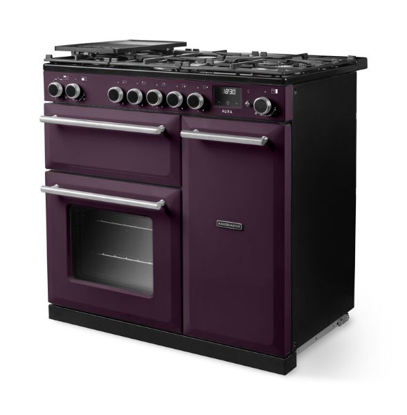 Rangemaster Aura AURA90DFP/19330 (AURA90DFPPLM/BN1) 90cm Dual Fuel Range Cooker - Plum with Brushed Nickel Trim