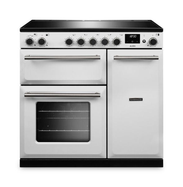 Rangemaster Aura AURA90EIP/19331 (AURA90EIPWHT/BN1) 90cm Induction Range Cooker - White with Brushed Nickel Trim