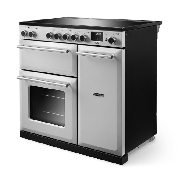 Rangemaster Aura AURA90EIP/19331 (AURA90EIPWHT/BN1) 90cm Induction Range Cooker - White with Brushed Nickel Trim