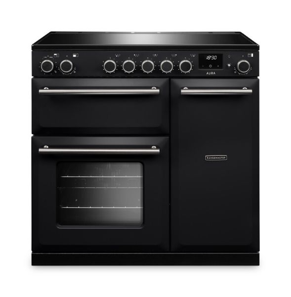 Rangemaster Aura AURA90EIP/19332 (AURA90EIPCBL/BN1) 90cm Induction Range Cooker - Black with Brushed Nickel Trim
