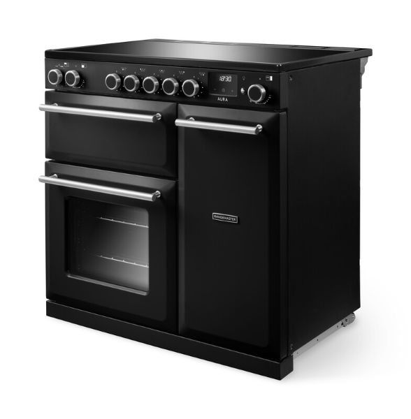 Rangemaster Aura AURA90EIP/19332 (AURA90EIPCBL/BN1) 90cm Induction Range Cooker - Black with Brushed Nickel Trim