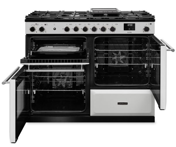 Rangemaster Aura AURO110DF/19355 (AURAO110DFPWHT/BN1) 110cm Dual Fuel Range Cooker - White with Brushed Nickel Trim