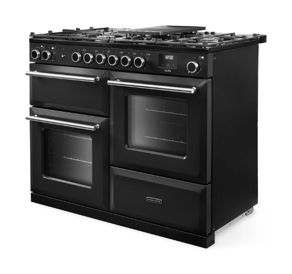 Rangemaster Aura AURO110DF/19356 (AURAO110DFPCBL/BN1) 110cm Dual Fuel Range Cooker - Black with Brushed Nickel Trim