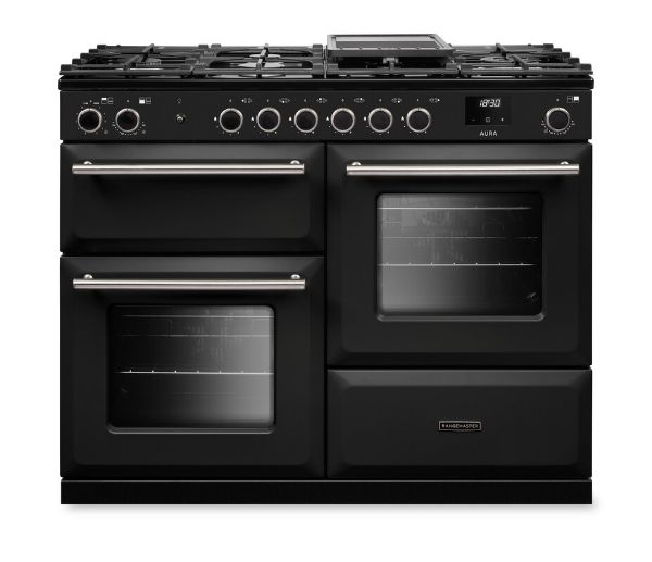 Rangemaster Aura AURO110DF/19356 (AURAO110DFPCBL/BN1) 110cm Dual Fuel Range Cooker - Black with Brushed Nickel Trim