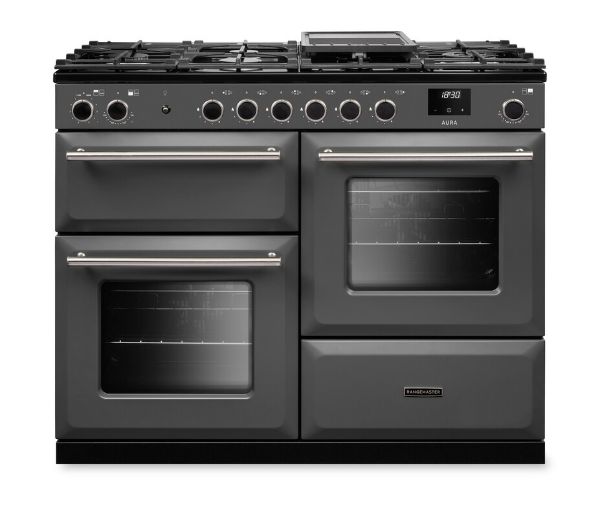 Rangemaster Aura AURO110DF/19357 (AURAO110DFPSLT/BN1) 110cm Dual Fuel Range Cooker - Slate with Brushed Nickel Trim
